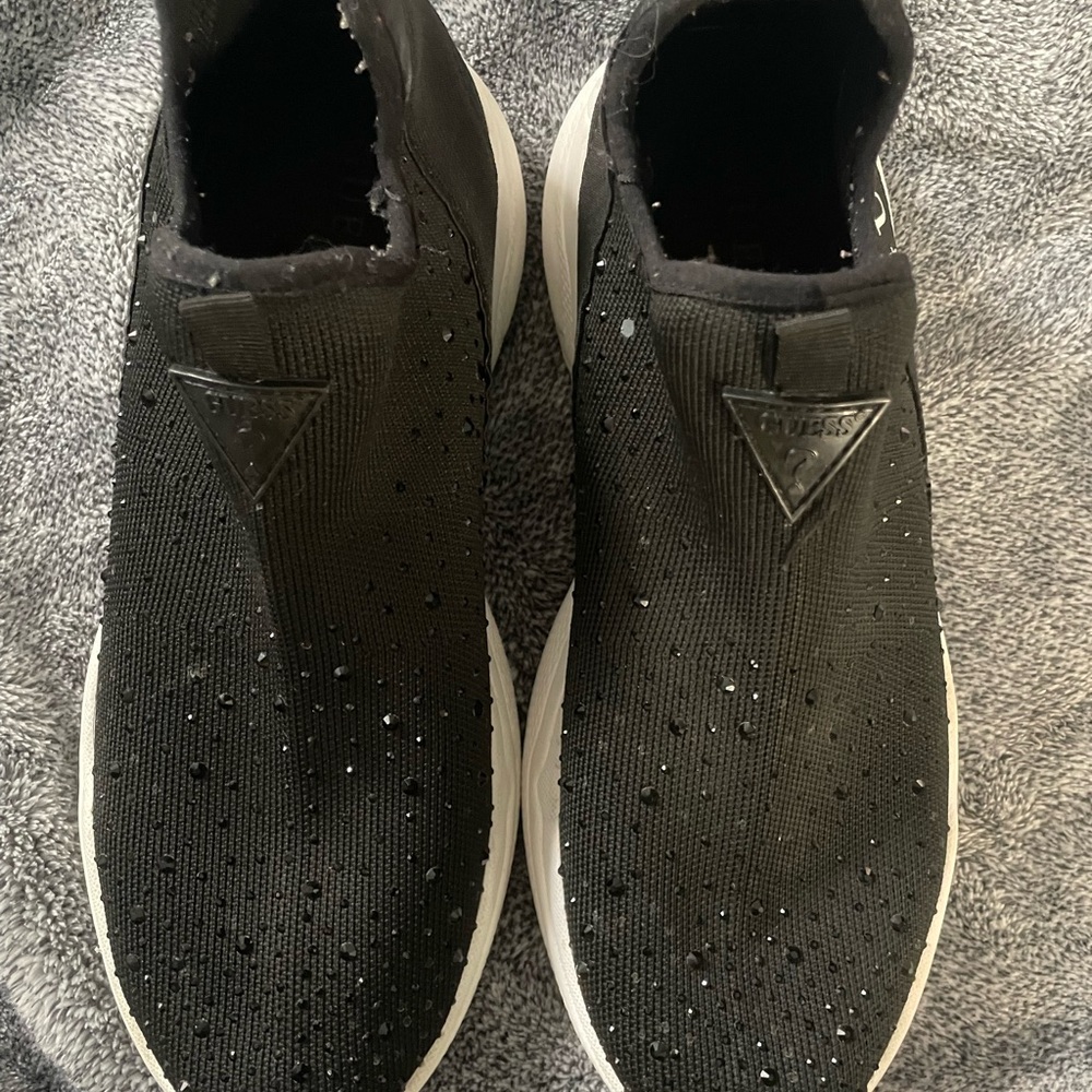 GUESS Ladies Black Slip-On Knit Sneakers with Glitz